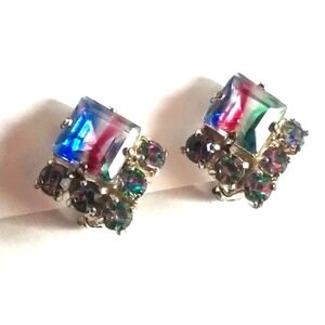 Vintage earrings sparkly clip on iris rhinestones multicolored